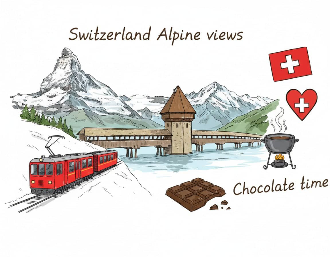 Snow-capped Swiss Alps, mountain scenery, charming wooden bridge, vintage red train, hot chocolate, Swiss flags, and chocolate bar illustration, capturing Switzerland's alpine beauty and cozy chocolate experience.