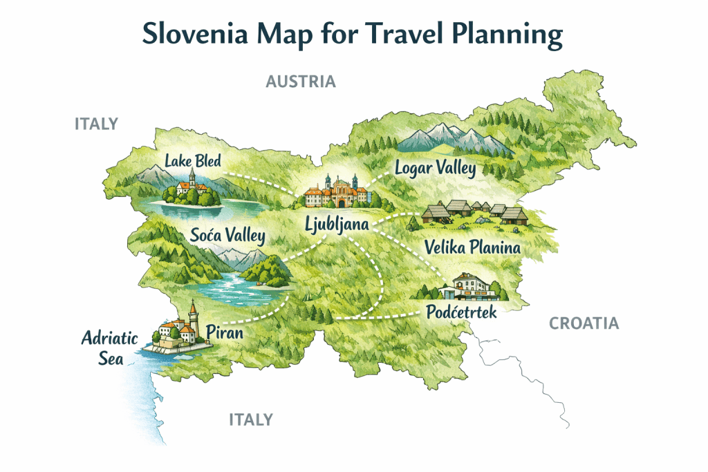 Explore Slovenia's top travel destinations with this detailed map highlighting Lake Bled, Ljubljana, Soca Valley, Piran, Velika Planina, Logar Valley, and Podčetrtek, perfect for planning your 2026 tr.