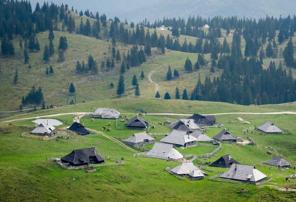 A lush green hillside village in Slovenia with traditional wooden houses and winding paths, surrounded by dense forests and rolling hills.
