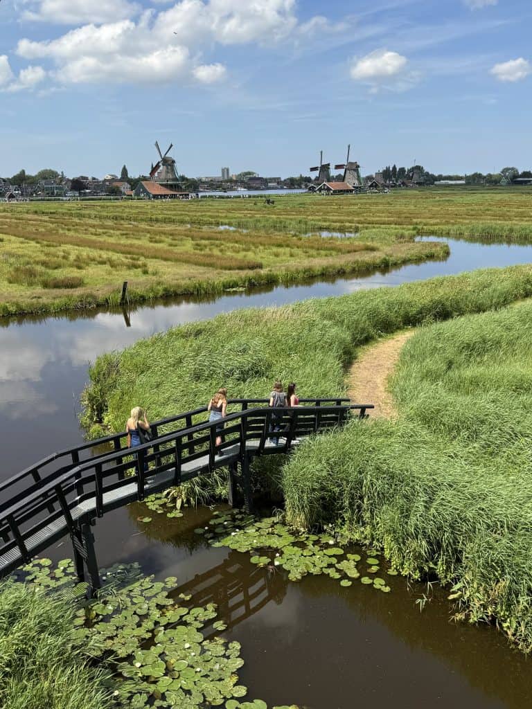 Scenic view of Dutch windmills and lush green wetlands with a wooden bridge and visitors enjoying the natural landscape under a partly cloudy sky.