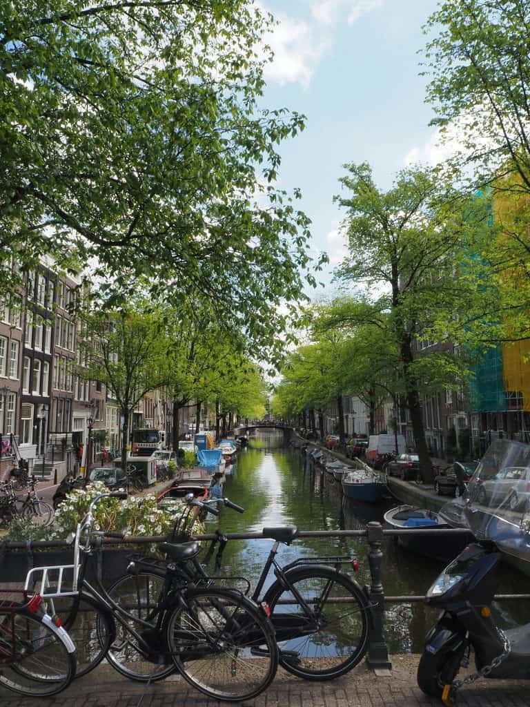 Scenic view of a canal in Amsterdam during tulip season with bicycles and boats, lush green trees, and historic buildings under a bright sky.