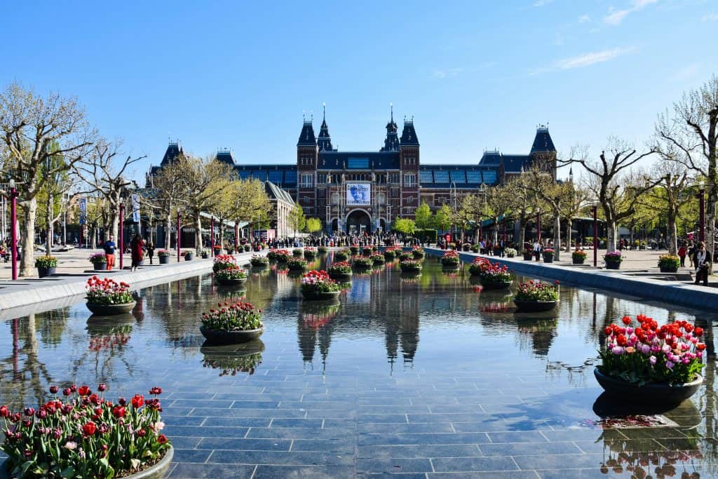 This image features the Rijksmuseum in Amsterdam during tulip season, with a clear sky and blooming tulips in the foreground. It highlights the beauty of Amsterdam's iconic landmarks and floral displays, ideal for travelers planning a 3-5 day itinerary during tulip season.