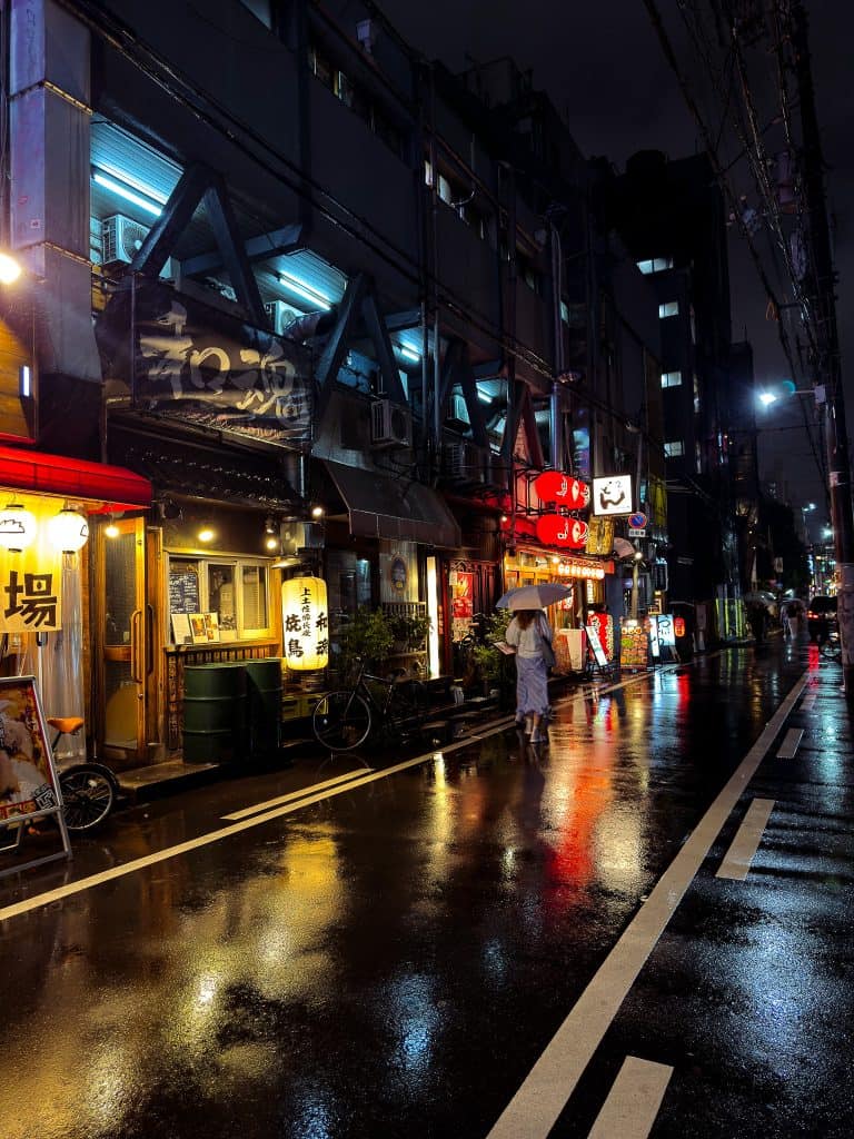 Nighttime street scene in Japan with illuminated signs, wet pavement, and a person with an umbrella walking.