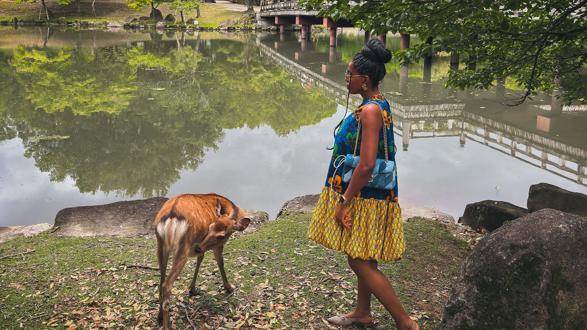 Nma Okafor standing by a serene lake in Japan, surrounded by lush greenery and traditional scenery.